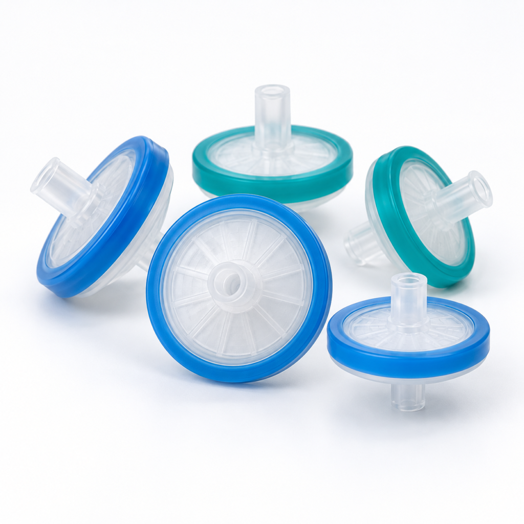 Disposable syringe membrane filters on a clean studio background
