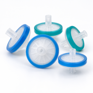 Disposable syringe membrane filters on a clean studio background