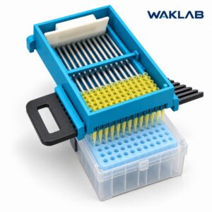 Front view of the WAKLAB pipette tip loader aligning yellow tips into a tip rack