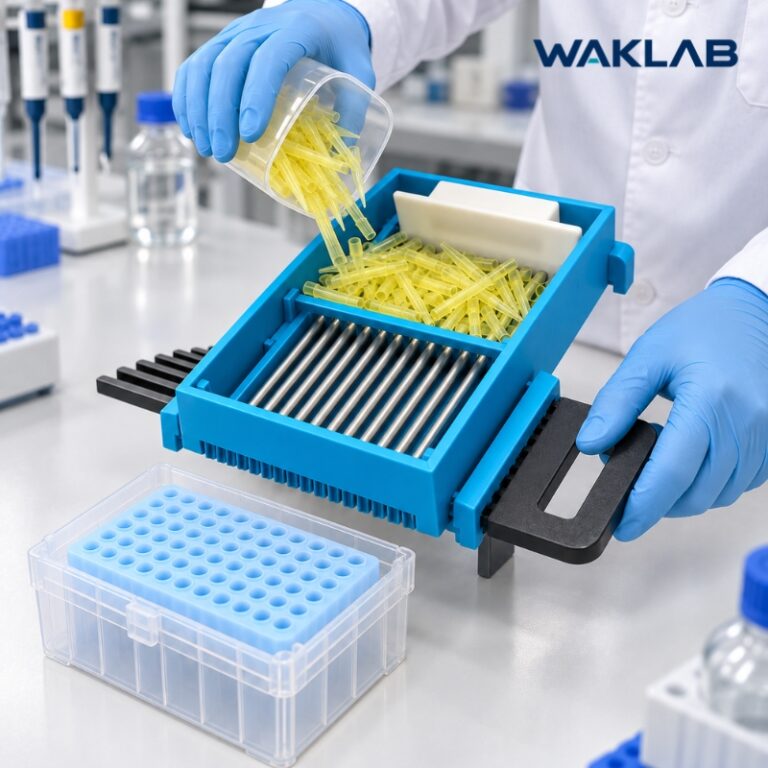 Pouring compatible pipette tips into the loader guide area